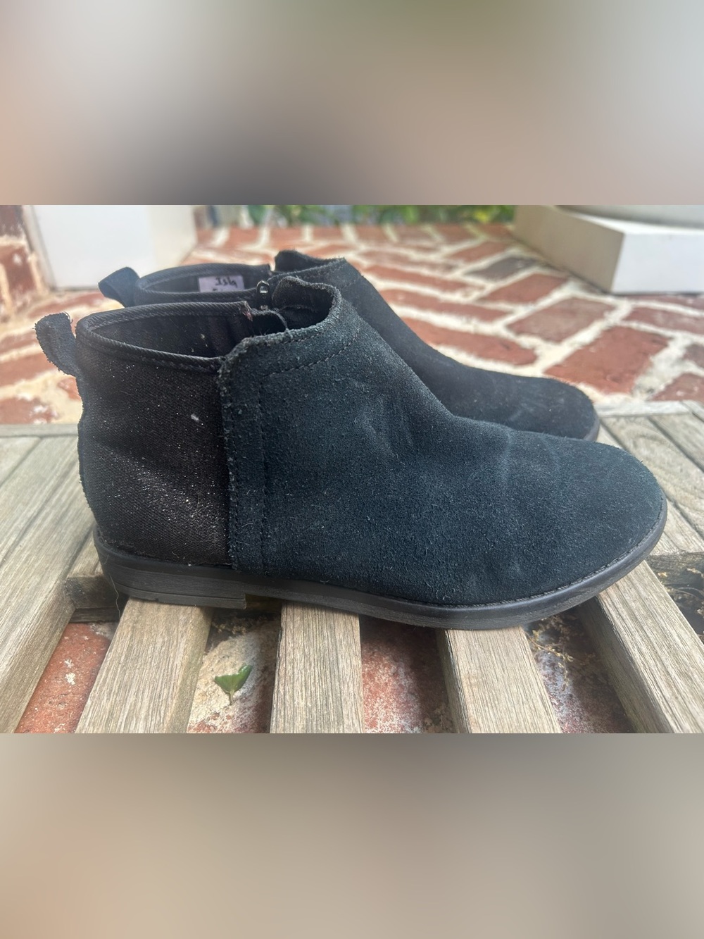 Toms Kids Black Suede Booties W/ Glitter Detail, Side Zipper Girls Size 3